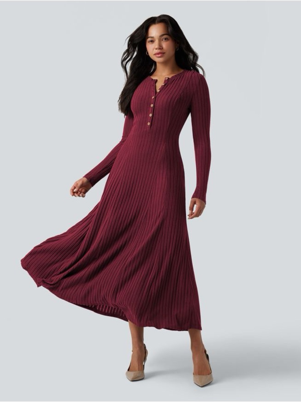 Halara Ribbed Knit Henley Neck Long Sleeve Flowy Maxi Casual Dress large